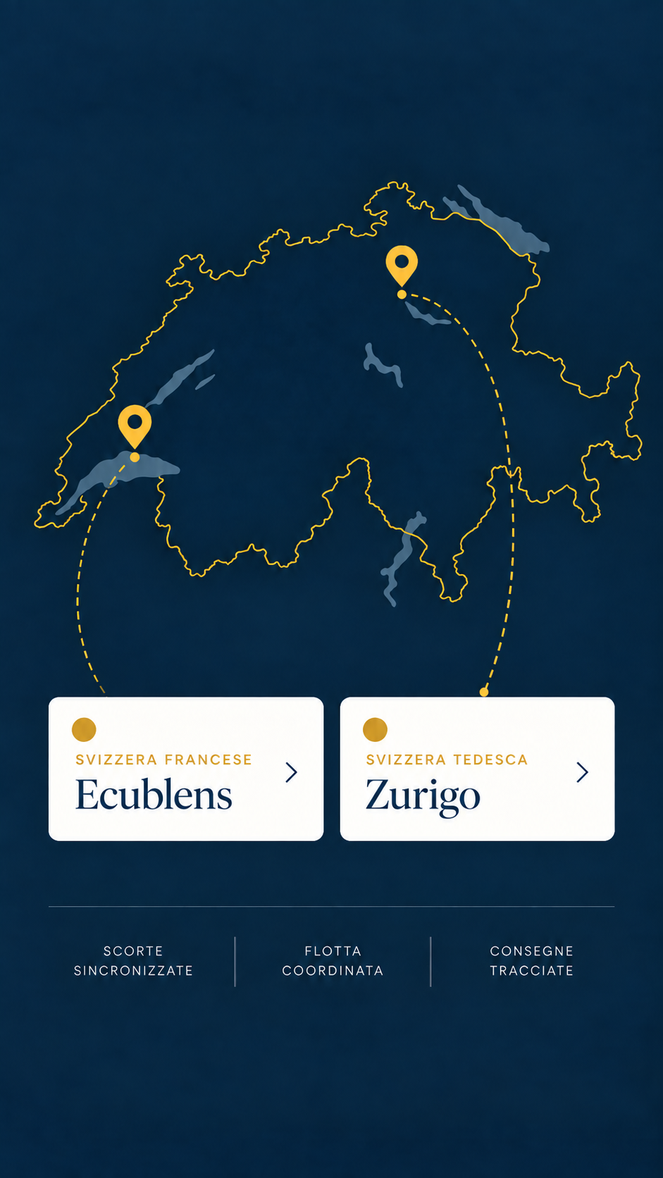 Rete logistica svizzera di Genti delle Alture con i magazzini di Ecublens e Zürich